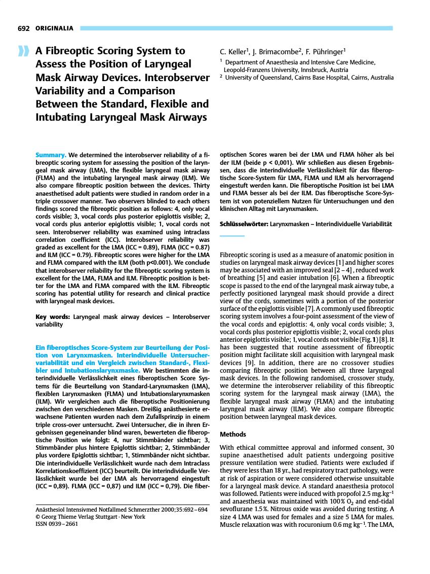 Vorschauseite 1: A Fibreoptic Scoring System to Assess the Position of Laryngeal Mask Airway Devices. Interobserver Variability and a Comparison Between the Standard, Flexible and Intubating Laryn…