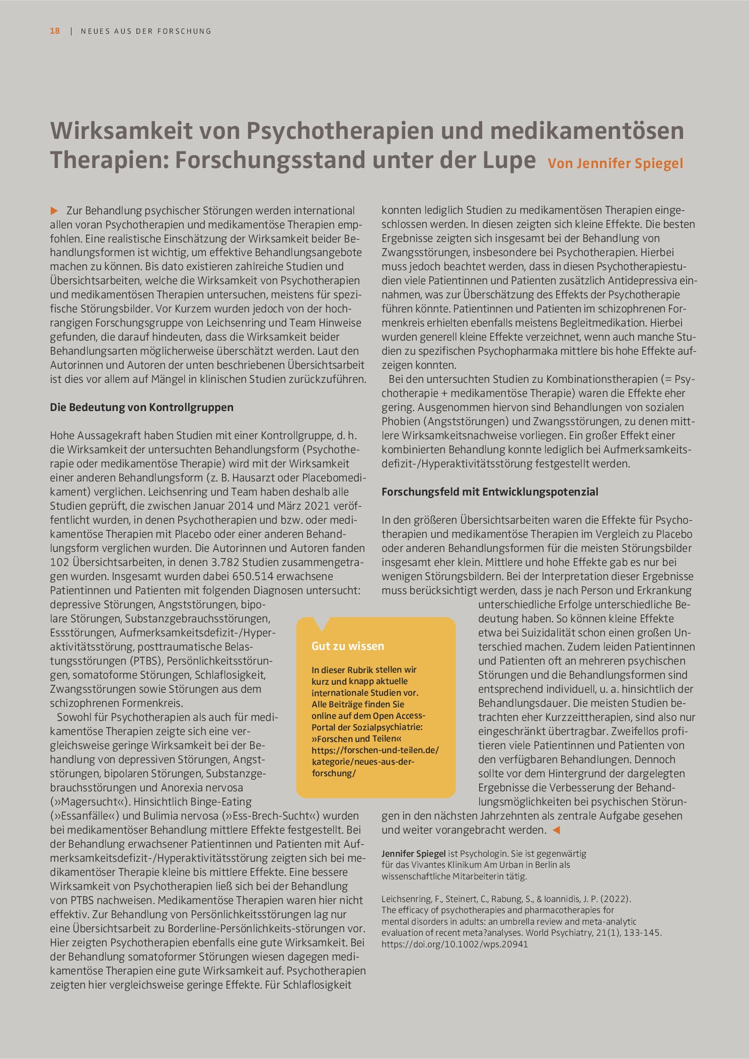 Vorschauseite 1: Wirksamkeit von Psychotherapien und medikamentösen Therapien: Forschungsstand unter der Lupe