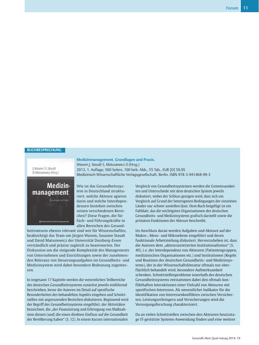 Vorschauseite 1: BUCHBESPRECHUNG – Medizinmanagement. Grundlagen und Praxis.