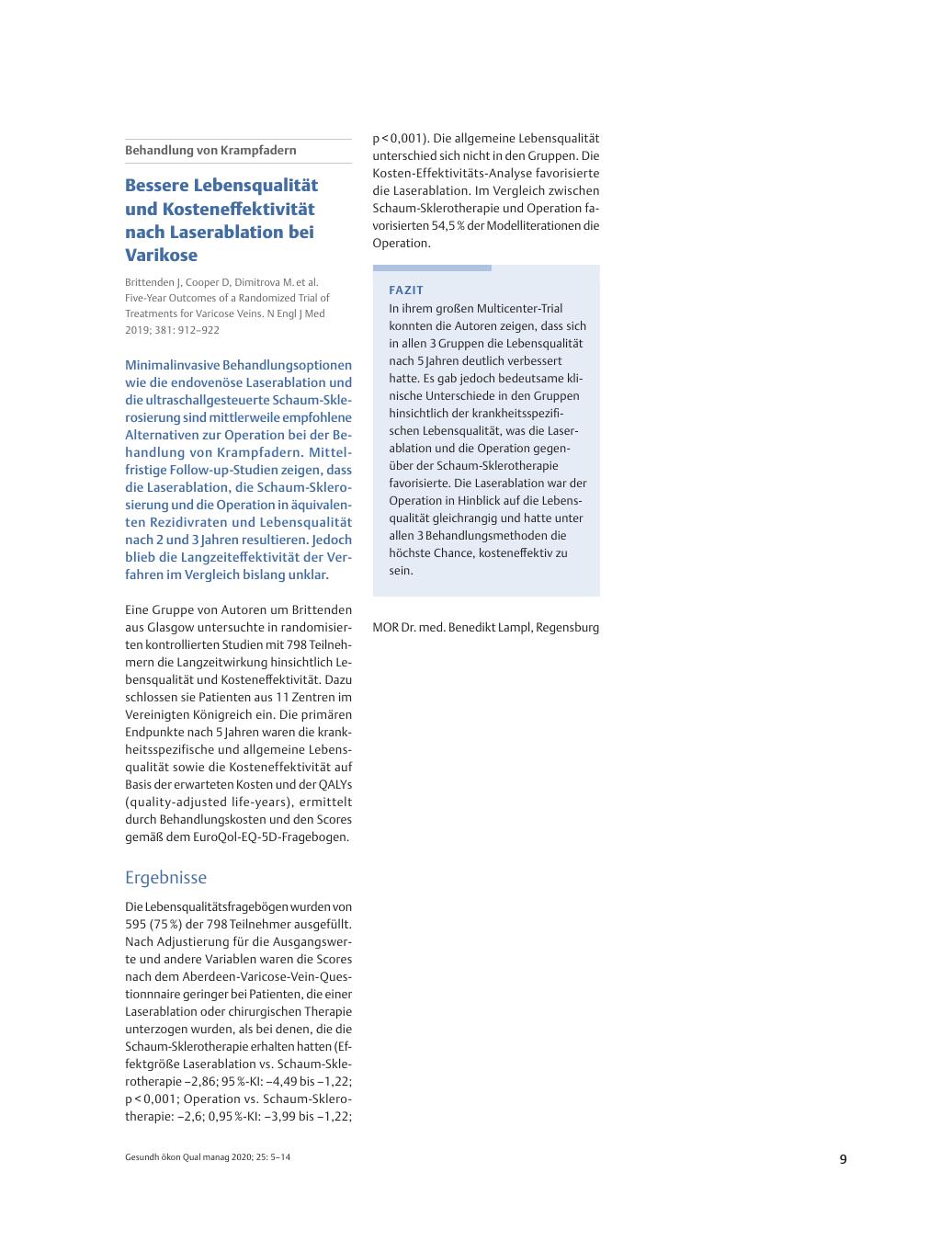 Vorschauseite 1: Behandlung von Krampfadern - Bessere Lebensqualität und Kosteneffektivität nach Laserablation bei Varikose