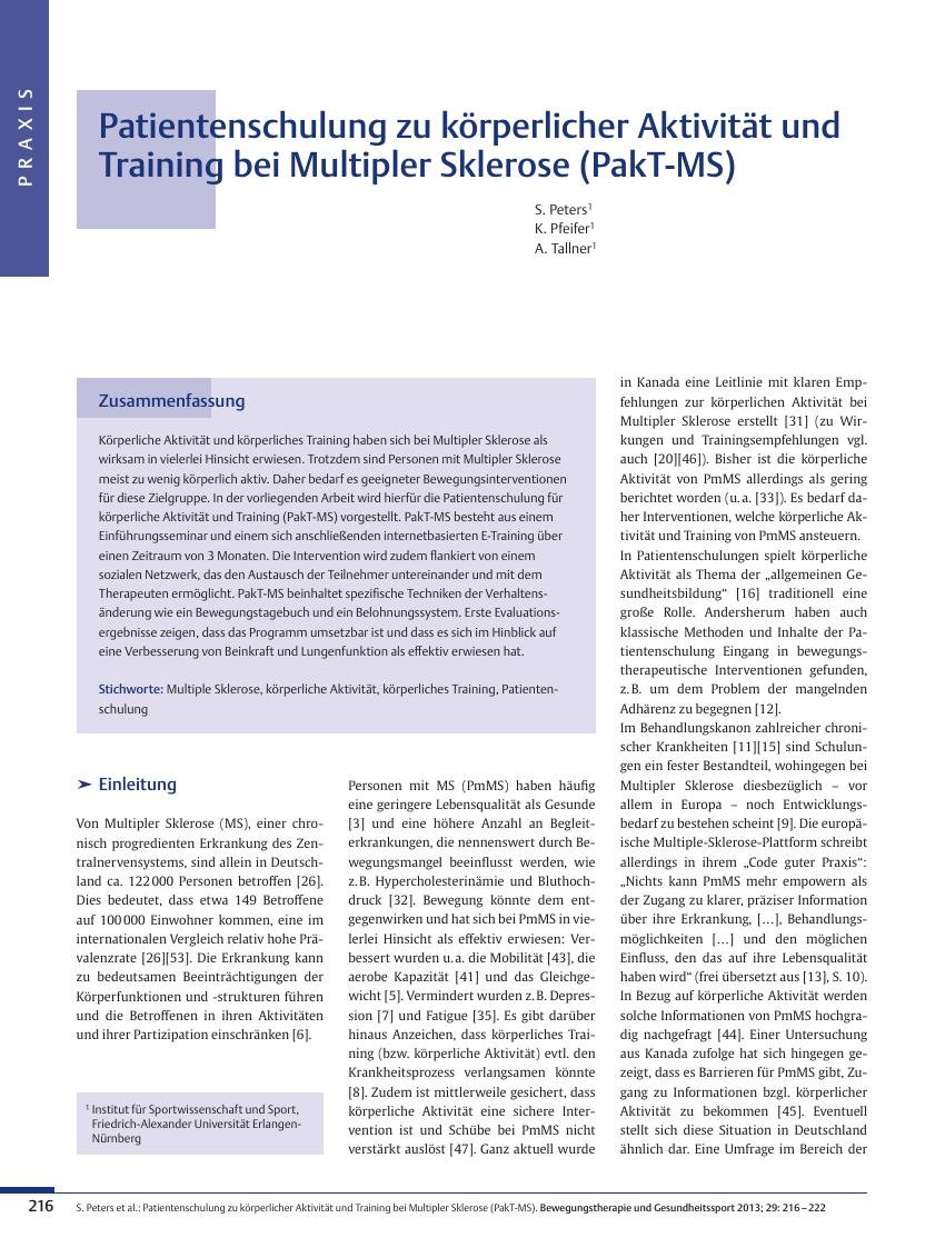 Vorschauseite 1: Patientenschulung zu körperlicher Aktivität und Training bei Multipler Sklerose (PakT-MS)
