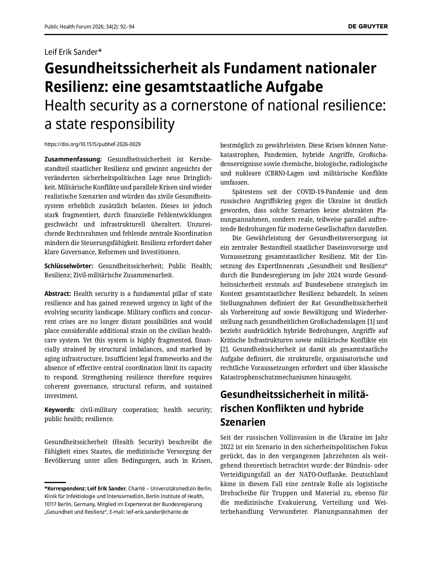 Vorschauseite 1: Gesundheitssicherheit als Fundament nationaler Resilienz: eine gesamtstaatliche Aufgabe