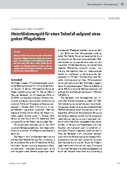 Vorschauseite 1: Hinterbliebenengeld für einen Todesfall aufgrund eines groben Pflegefehlers