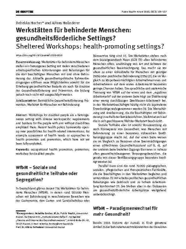 Vorschauseite 1: Werkstätten für behinderte Menschen: gesundheitsförderliche Settings?