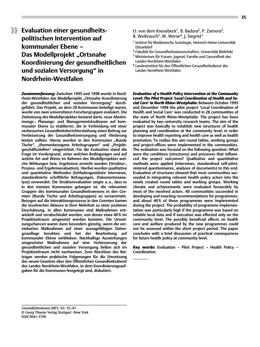 Vorschauseite 1: Evaluation einer gesundheitspolitischen Intervention auf kommunaler Ebene - Das Modellprojekt „Ortsnahe Koordinierung der gesundheitlichen und sozialen Versorgung” in Nordrhein-We…