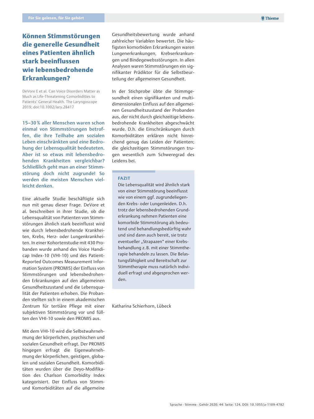 Vorschauseite 1: Können Stimmstörungen die generelle Gesundheit eines Patienten ähnlich stark beeinflussen wie lebensbedrohende Erkrankungen?
