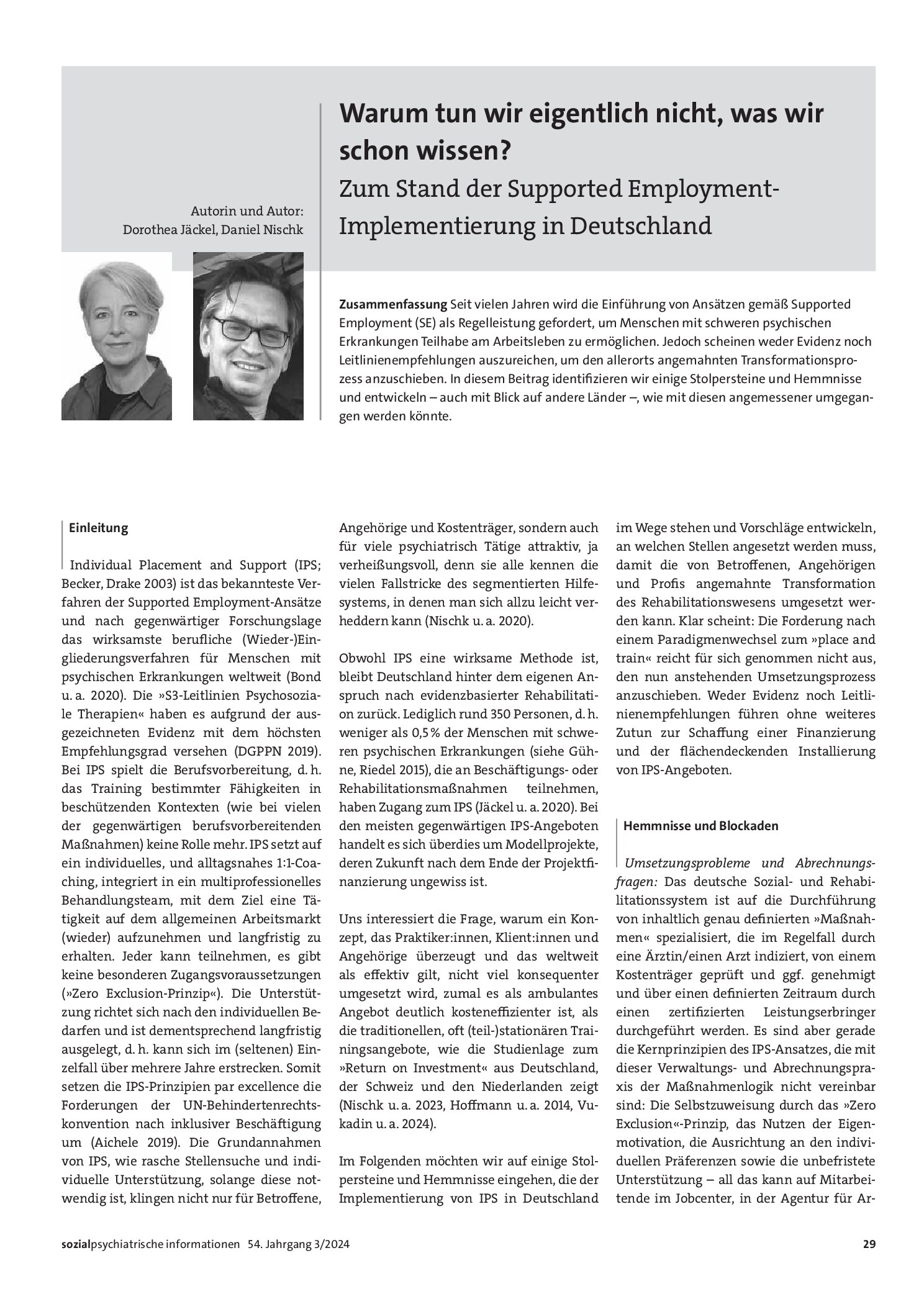Vorschauseite 1: Warum tun wir eigentlich nicht, was wir schon wissen? Zum Stand der Supported Employment-Implementierung in Deutschland