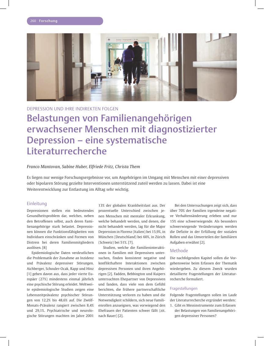 Vorschauseite 1: Belastungen von Familienangehörigen erwachsener Menschen mit diagnostizierter Depression – eine systematische Literaturrecherche