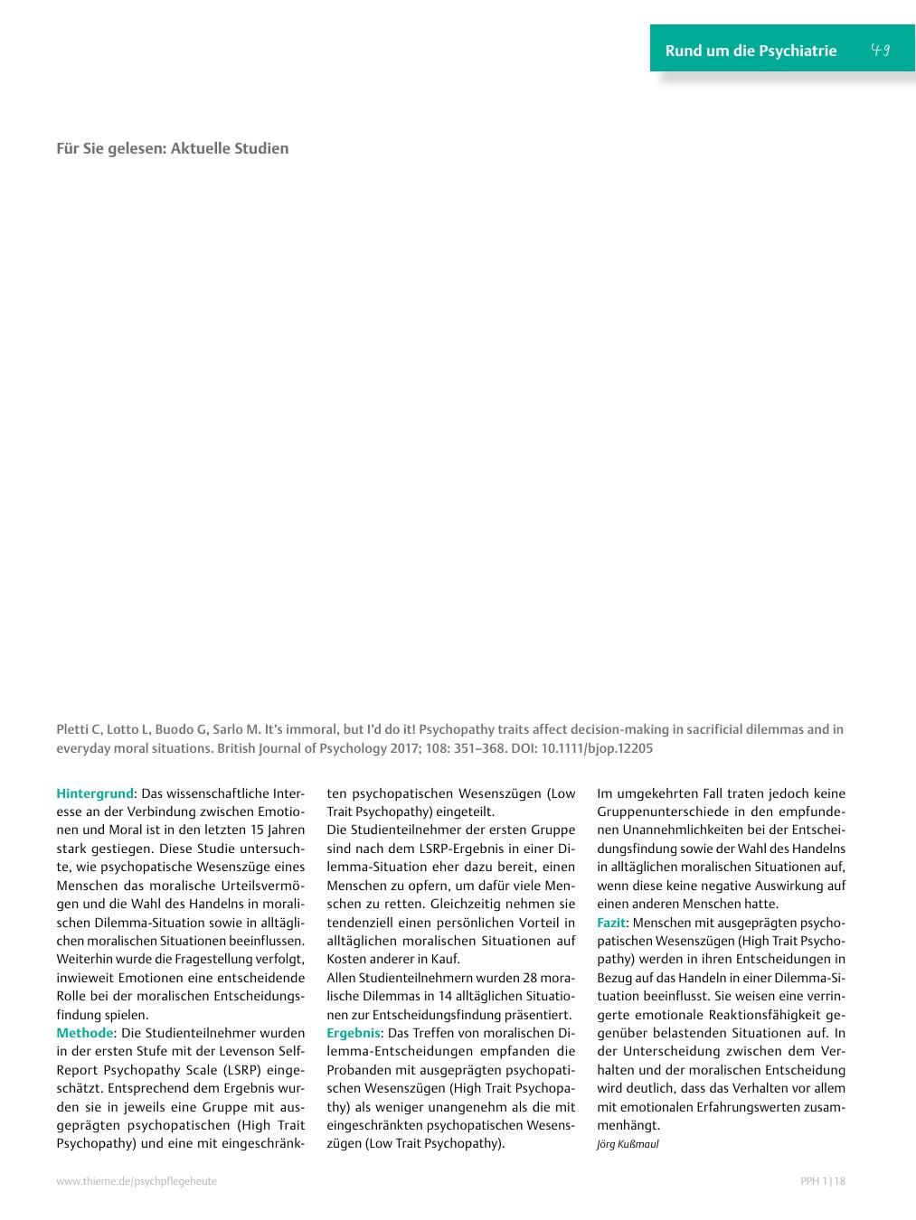 Vorschauseite 1: Für Sie gelesen: Pletti C, Lotto L, Buodo G, Sarlo M. It?s immoral, but I?d do it! Psychopathy traits affect decision-making in sacrificial dilemmas and in everyday moral situatio…