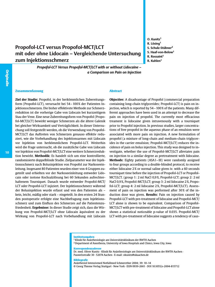 Vorschauseite 1: Propofol-LCT versus Propofol-MCT/LCT mit oder ohne Lidocain - Vergleichende Untersuchung zum Injektionsschmerz