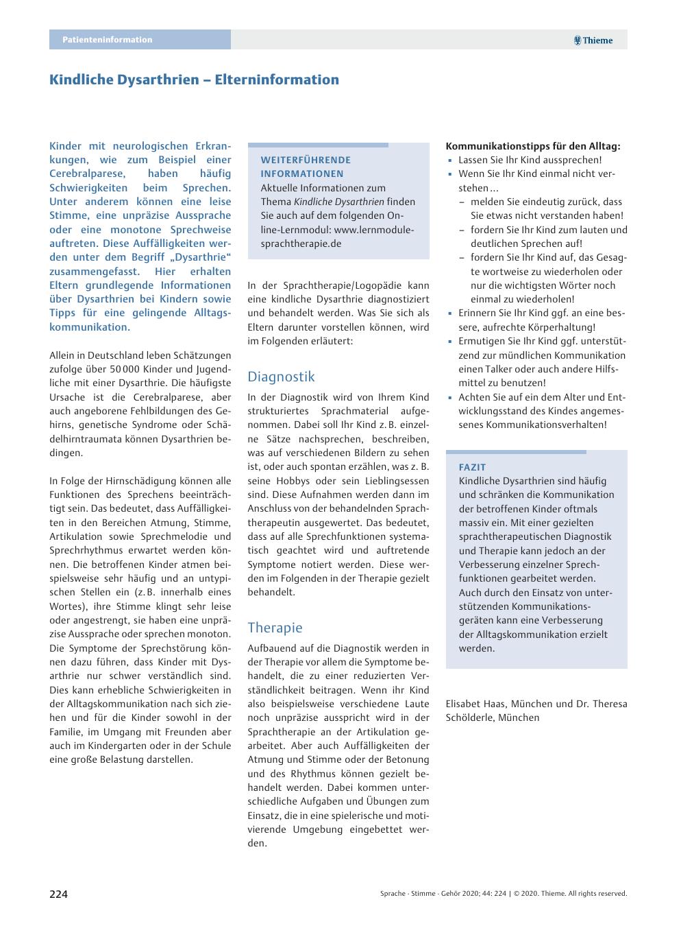 Vorschauseite 1: Kindliche Dysarthrien – Elterninformation