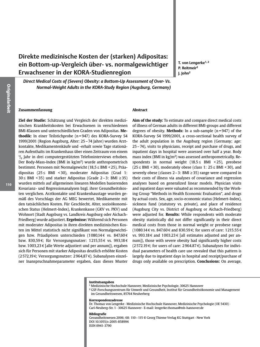 Vorschauseite 1: Direkte medizinische Kosten der (starken) Adipositas: ein Bottom-up-Vergleich übervs. normalgewichtiger Erwachsener in der KORA-Studienregion