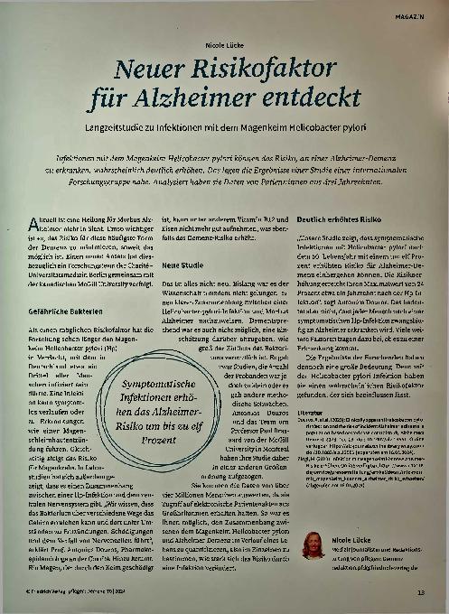 Vorschauseite 1: Neuer Risikofaktor für Alzheimer entdeckt: Langzeitstudie zu Infektionen mit dem Magenkeim Helicobacter pylori