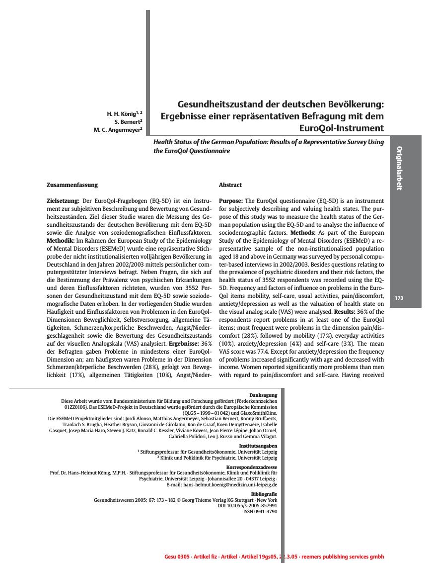 Vorschauseite 1: Gesundheitszustand der deutschen Bevölkerung: Ergebnisse einer repräsentativen Befragung mit dem EuroQol-Instrument
