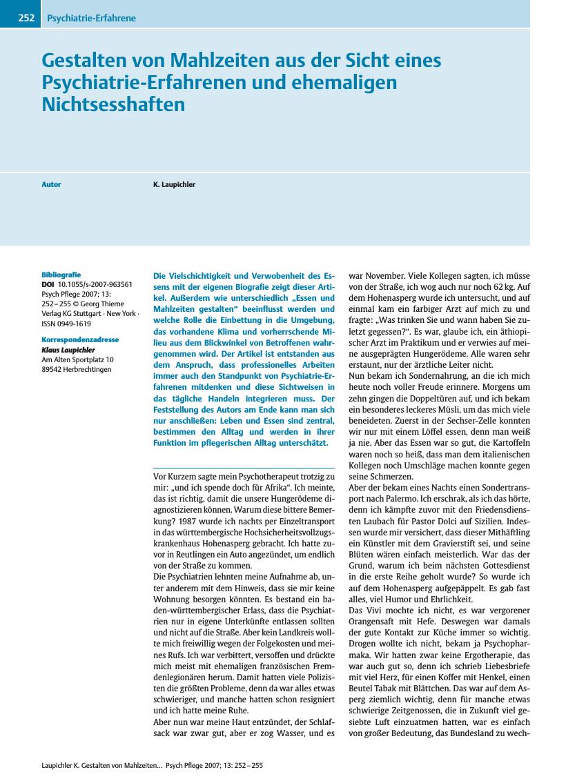 Vorschauseite 1: Gestalten von Mahlzeiten aus der Sicht eines Psychiatrie-Erfahrenen und ehemaligen Nichtsesshaften