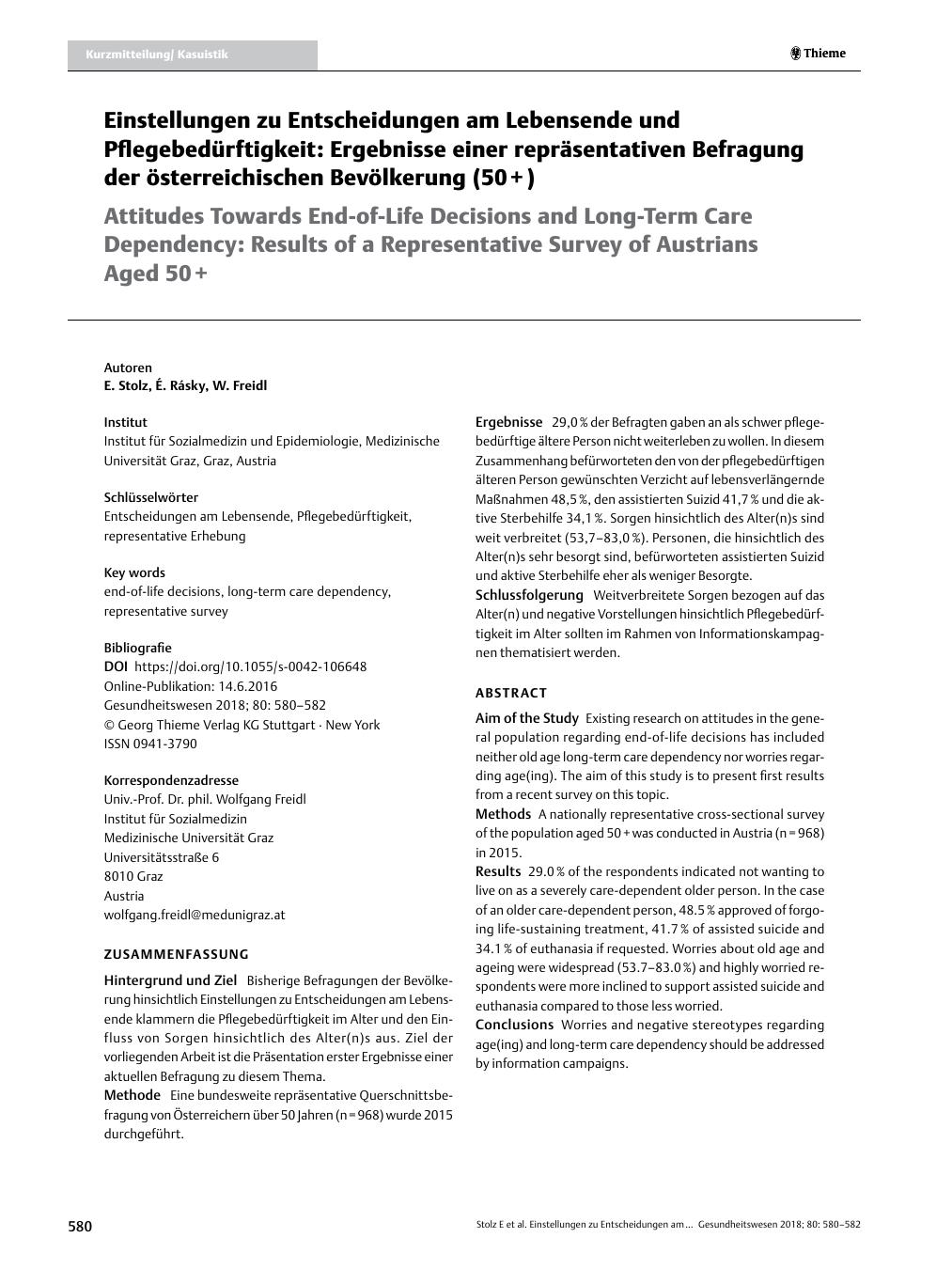 Vorschauseite 1: Einstellungen zu Entscheidungen am Lebensende und Pflegebedürftigkeit: Ergebnisse einer repräsentativen Befragung der österreichischen Bevölkerung (50+)