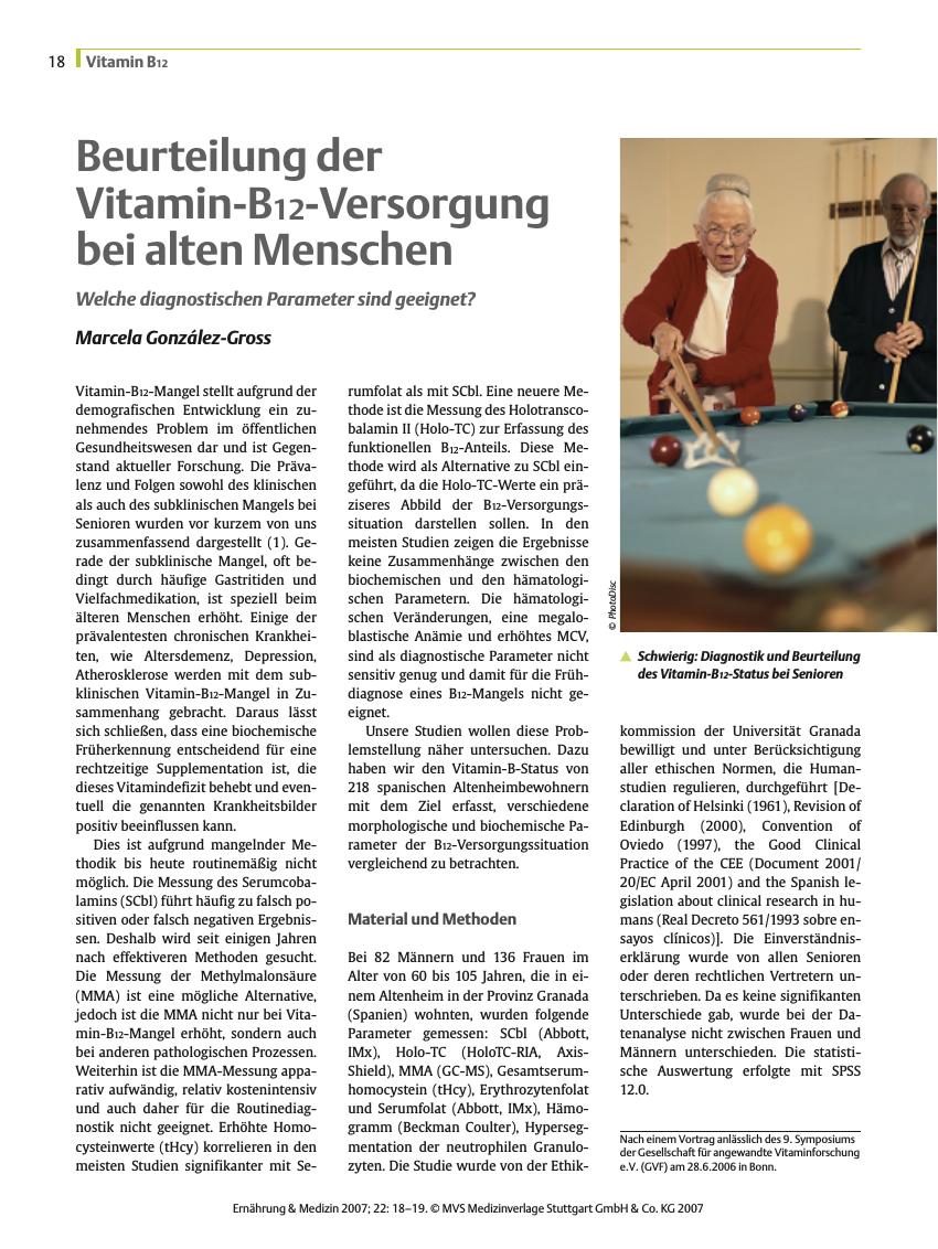 Vorschauseite 1: Beurteilung der Vitamin-B12-Versorgung bei alten Menschen