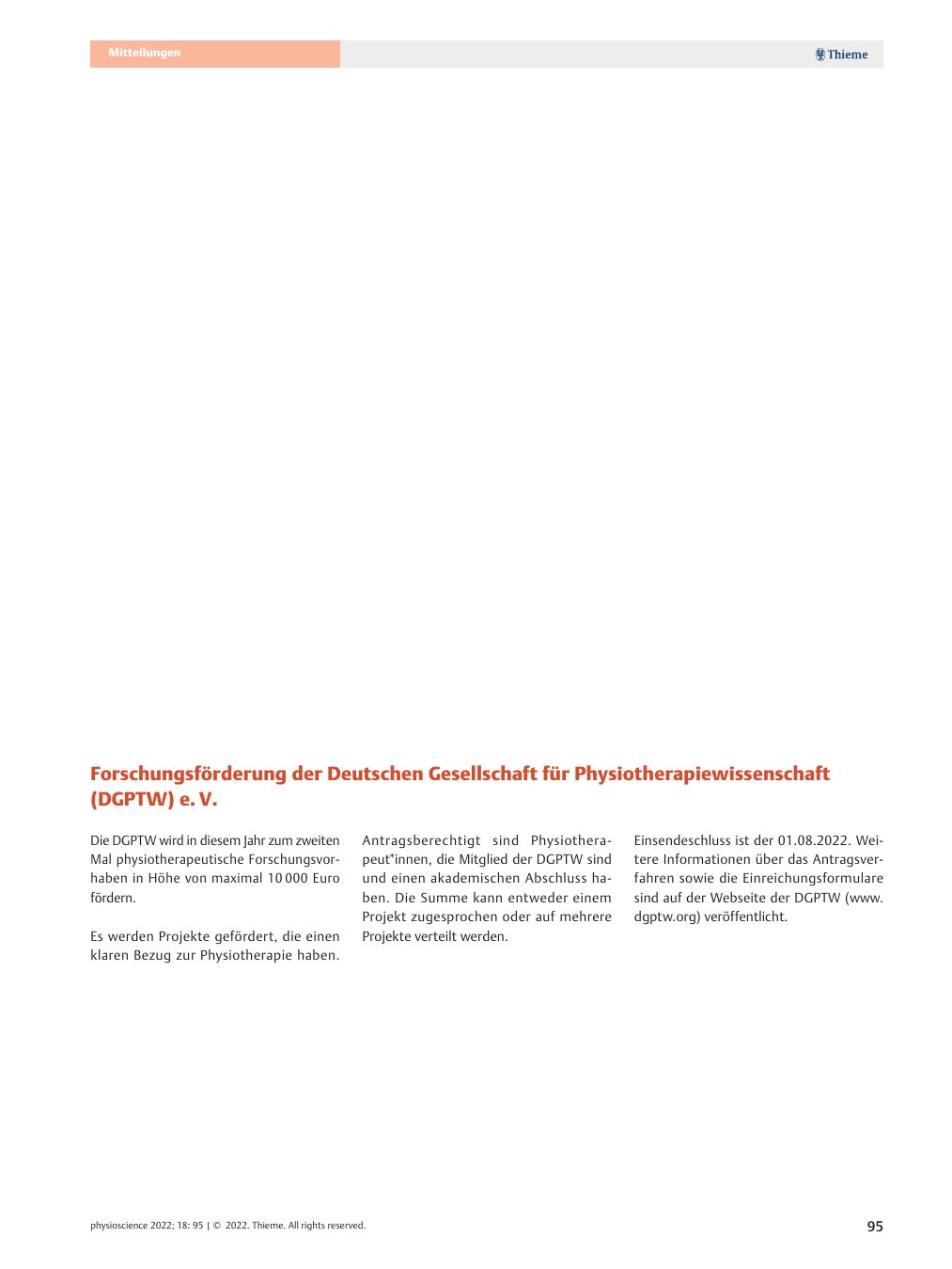 Vorschauseite 1: Forschungsförderung der Deutschen Gesellschaft für Physiotherapiewissenschaft (DGPTW) e. V.