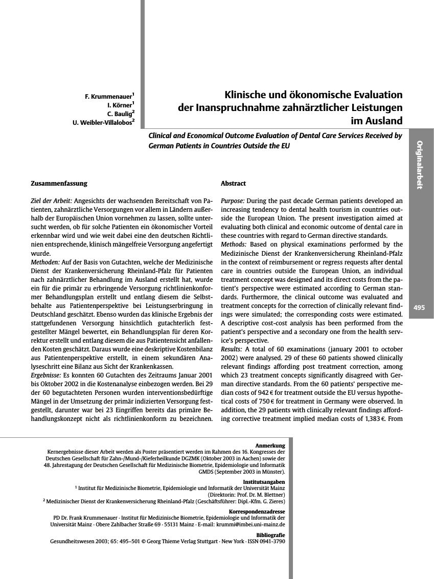 Vorschauseite 1: Klinische und ökonomische Evaluation der Inanspruchnahme zahnärztlicher Leistungen im Ausland