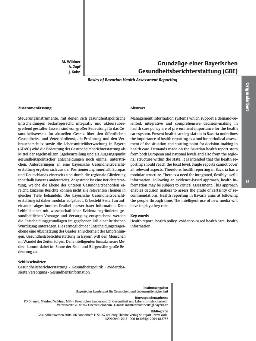 Vorschauseite 1: Grundzüge einer Bayerischen Gesundheitsberichterstattung (GBE)