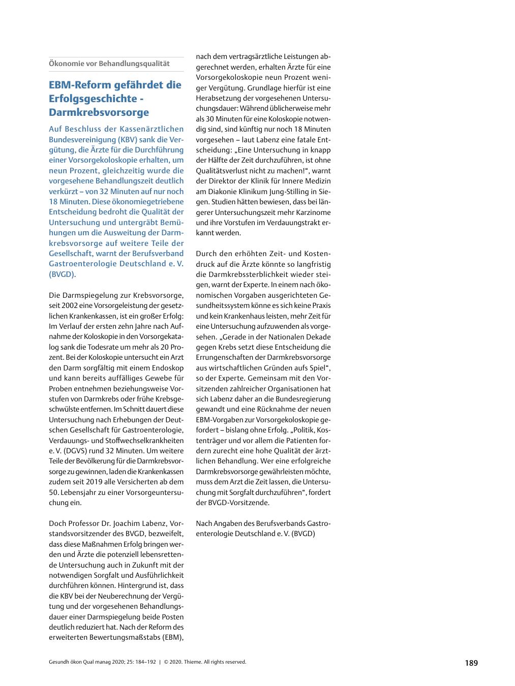 Vorschauseite 1: Ökonomie vor Behandlungsqualität? EBM-Reform gefährdet die Erfolgsgeschichte Darmkrebsvorsorge
