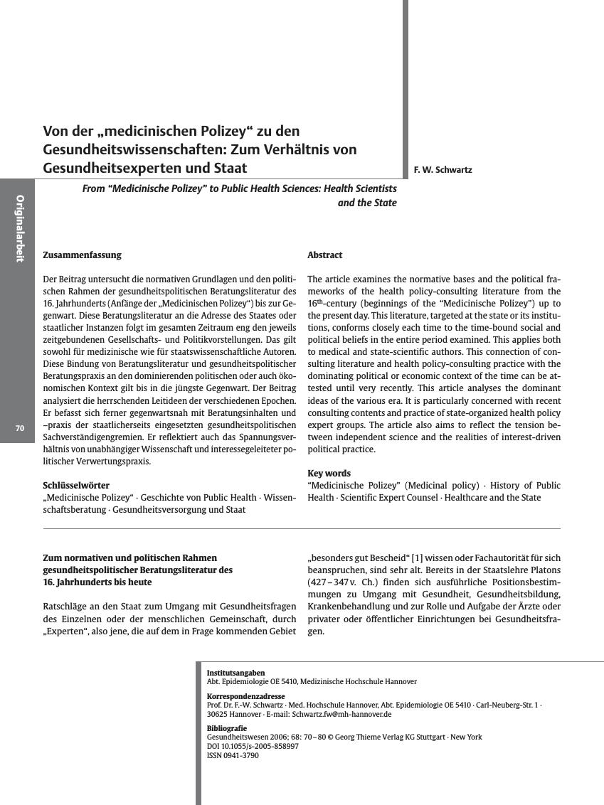 Vorschauseite 1: Von der „medicinischen Polizey” zu den Gesundheitswissenschaften: Zum Verhältnis von Gesundheitsexperten und Staat