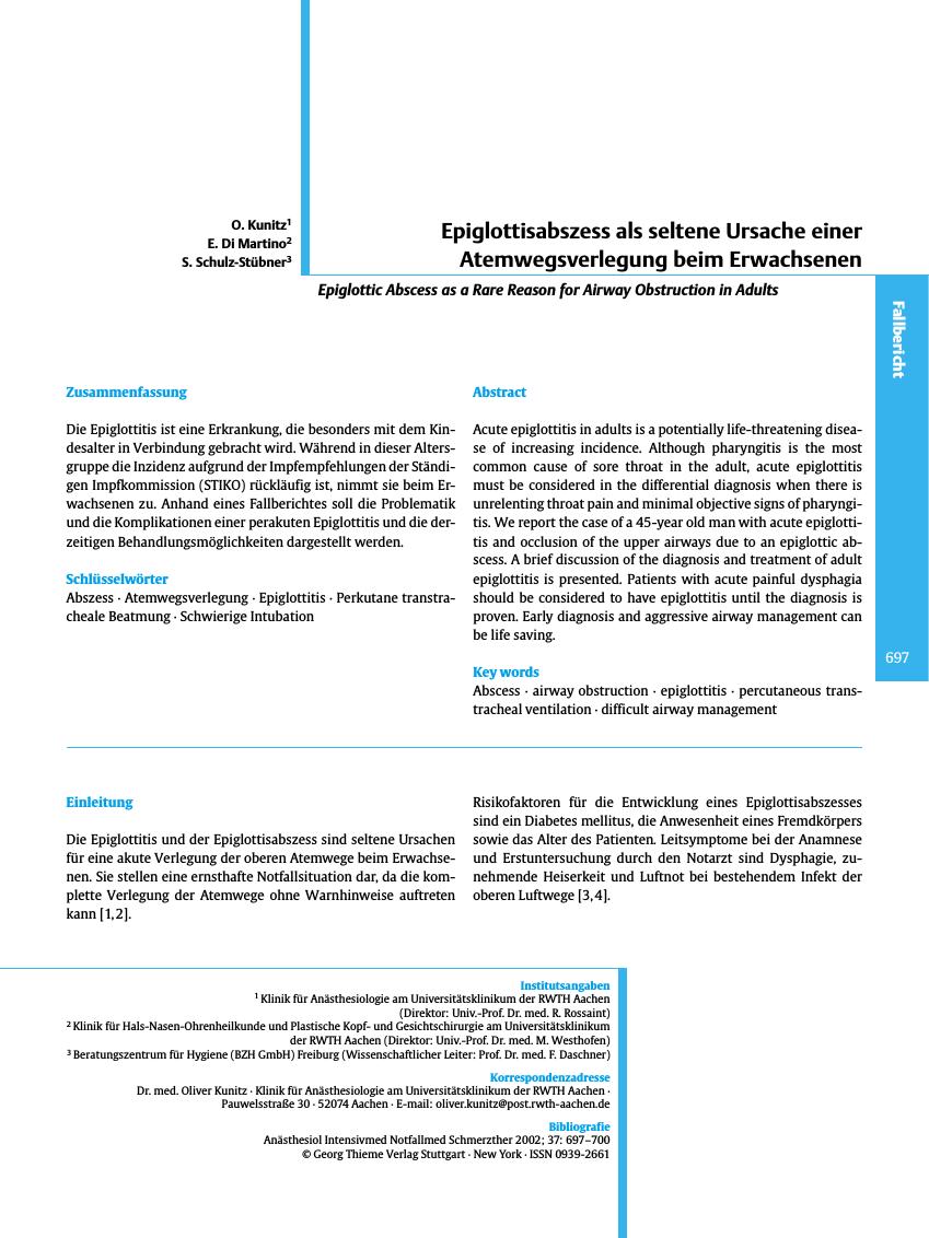 Vorschauseite 1: Epiglottisabszess als seltene Ursache einer Atemwegsverlegung beim Erwachsenen