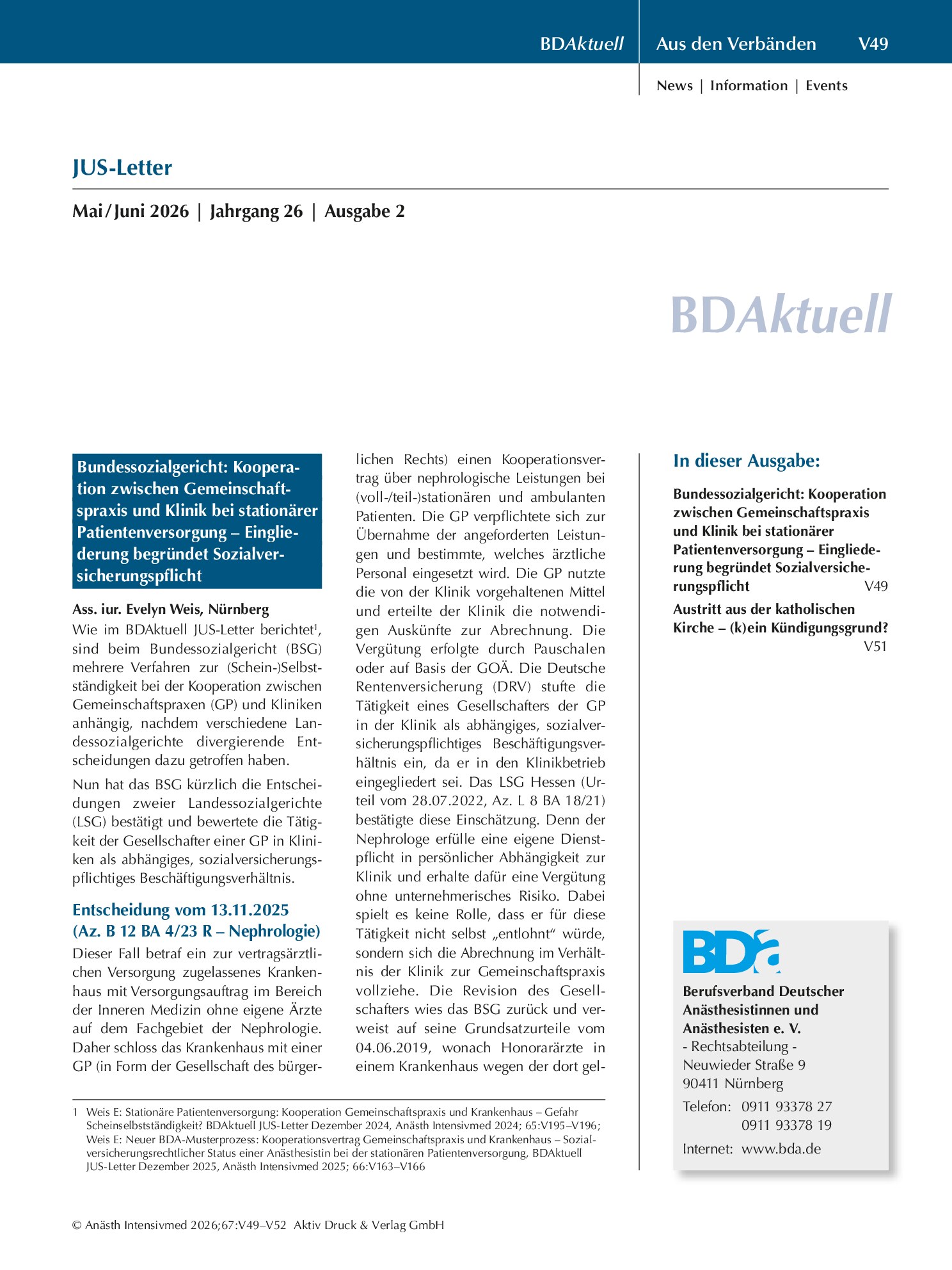 Vorschauseite 1: Bundessozialgericht: Kooperation zwischen Gemeinschaftspraxis und Klinik bei stationärer Patientenversorgung – Eingliederung begründet Sozialversicherungspflicht