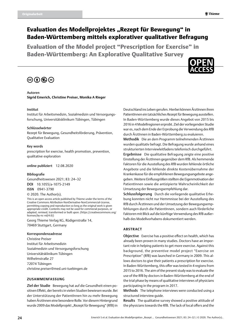 Vorschauseite 1: Evaluation des Modellprojektes „Rezept für Bewegung“ in Baden-Württemberg mittels explorativer qualitativer Befragung