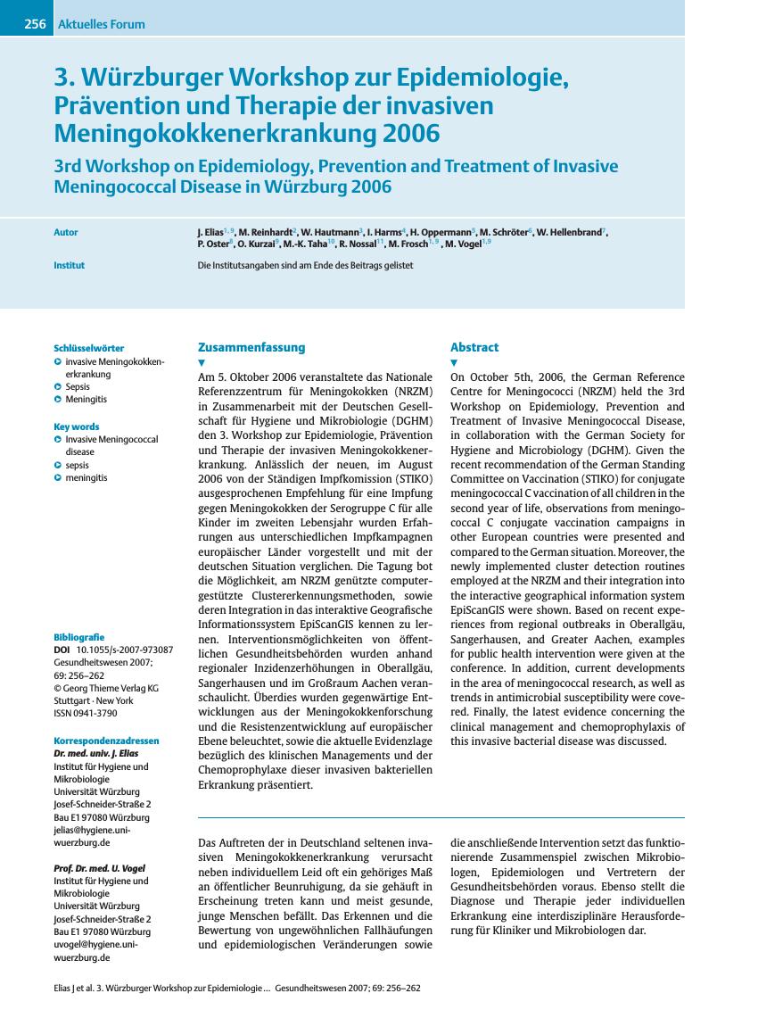 Vorschauseite 1: 3. Würzburger Workshop zur Epidemiologie, Prävention und Therapie der invasiven Meningokokkenerkrankung 2006