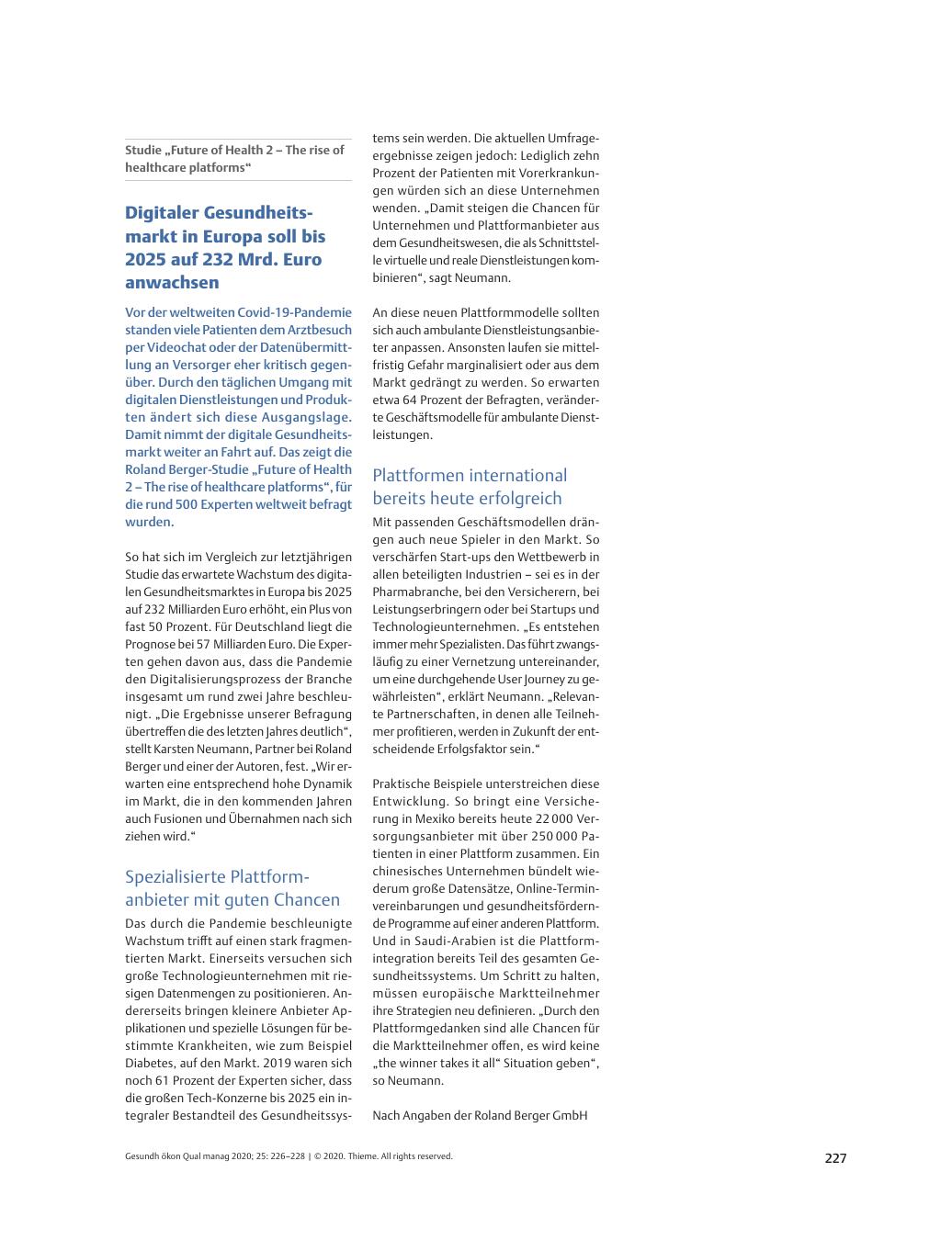 Vorschauseite 1: Studie "Future of Health 2 - The rise of healthcare platforms" - Digitaler Gesundheitsmarkt in Europa soll bis 2025 auf 232 Mrd. Euro anwachsen.