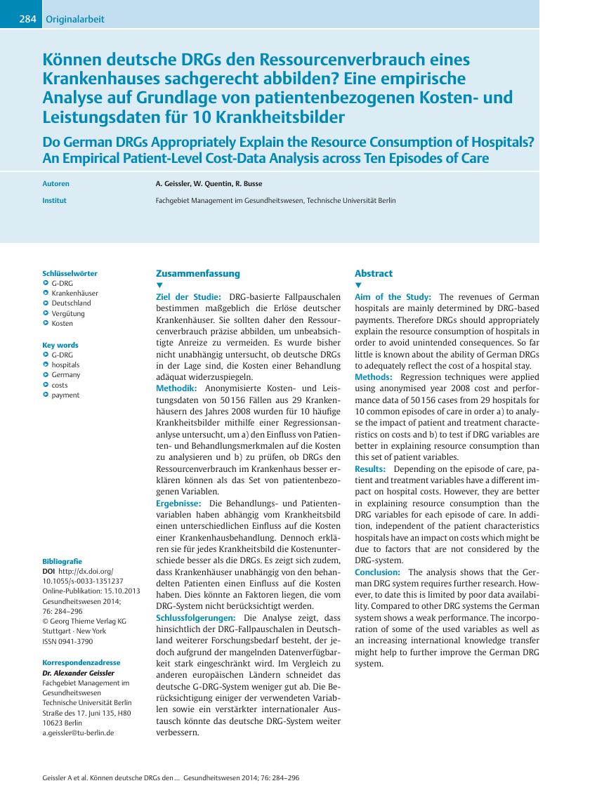 Vorschauseite 1: Können deutsche DRGs den Ressourcenverbrauch eines Krankenhauses sachgerecht abbilden? Eine empirische Analyse auf Grundlage von patientenbezogenen Kostenund Leistungsdaten für 10…