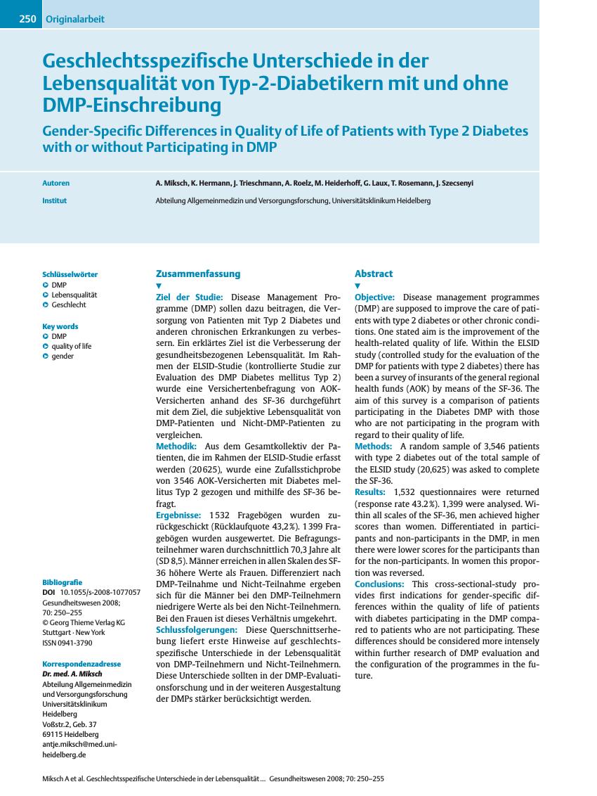 Vorschauseite 1: Geschlechtsspezifische Unterschiede in der Lebensqualität von Typ-2-Diabetikern mit und ohne DMP-Einschreibung