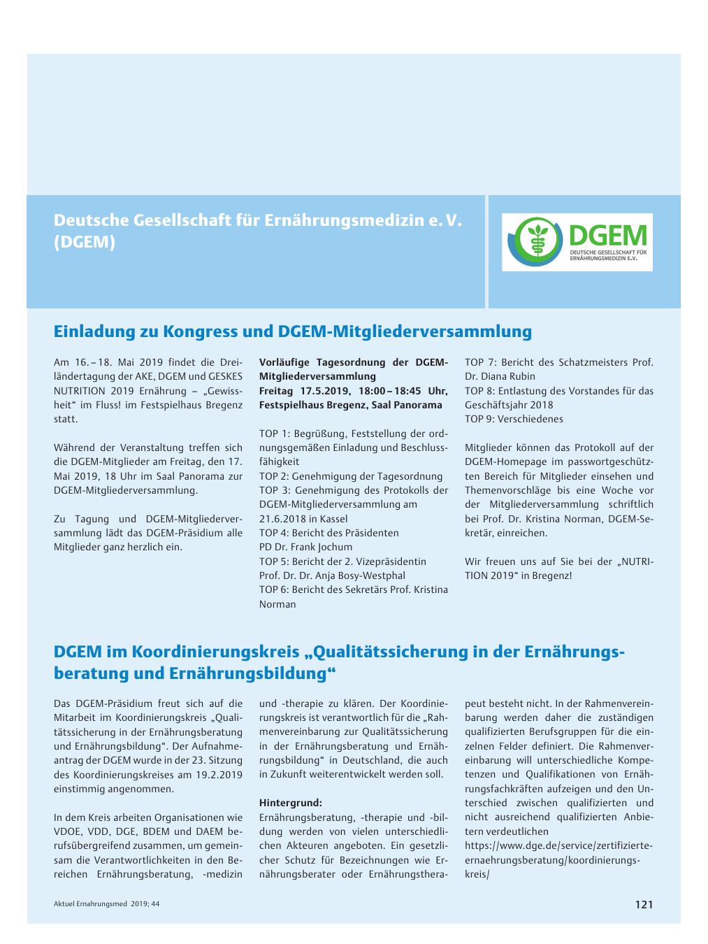 Vorschauseite 1: Deutsche Gesellschaft für Ernährungsmedizin e. V. (DGEM)