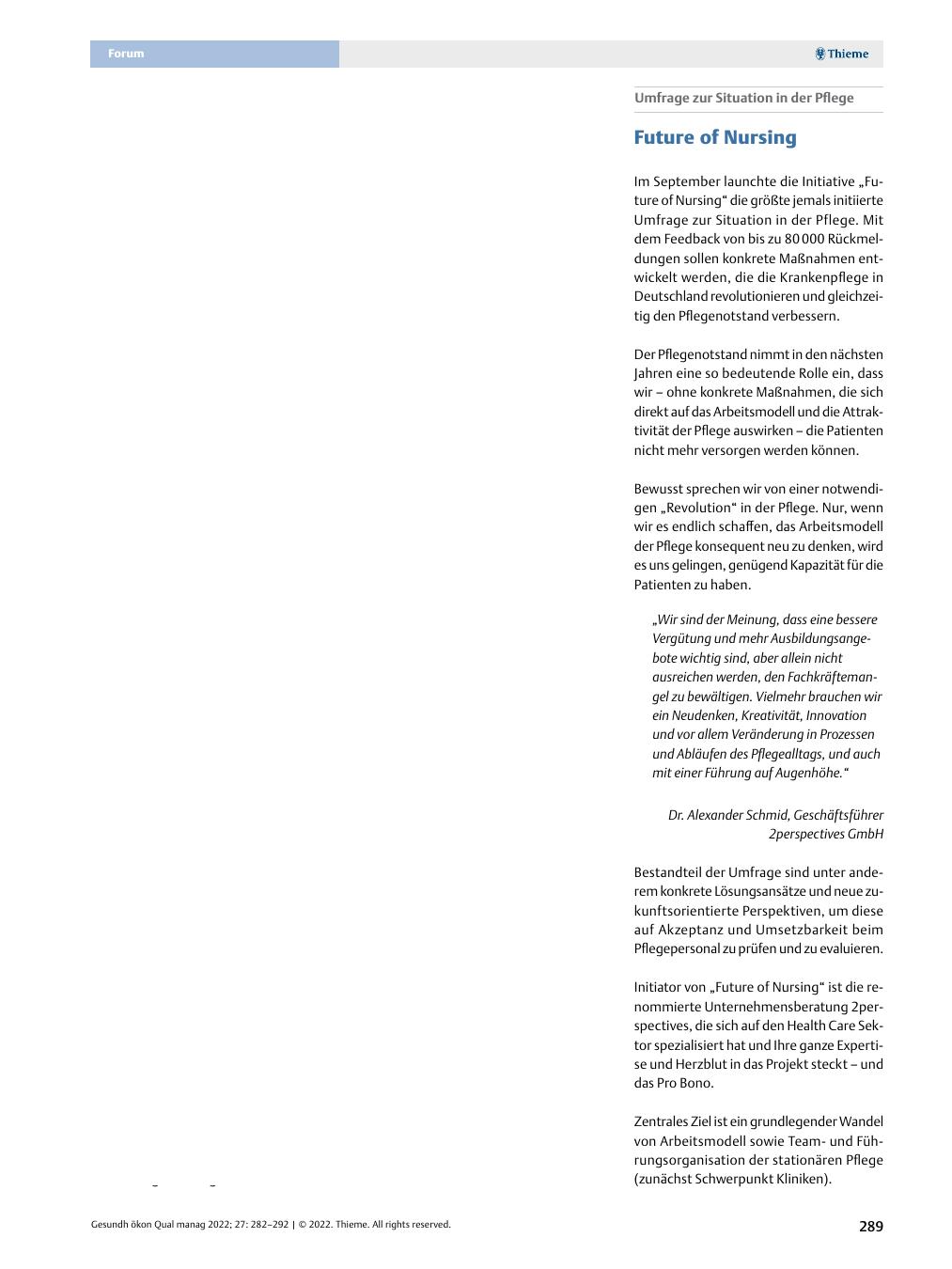 Vorschauseite 1: Umfrage zur Situation in der Pflege - Future of Nursing