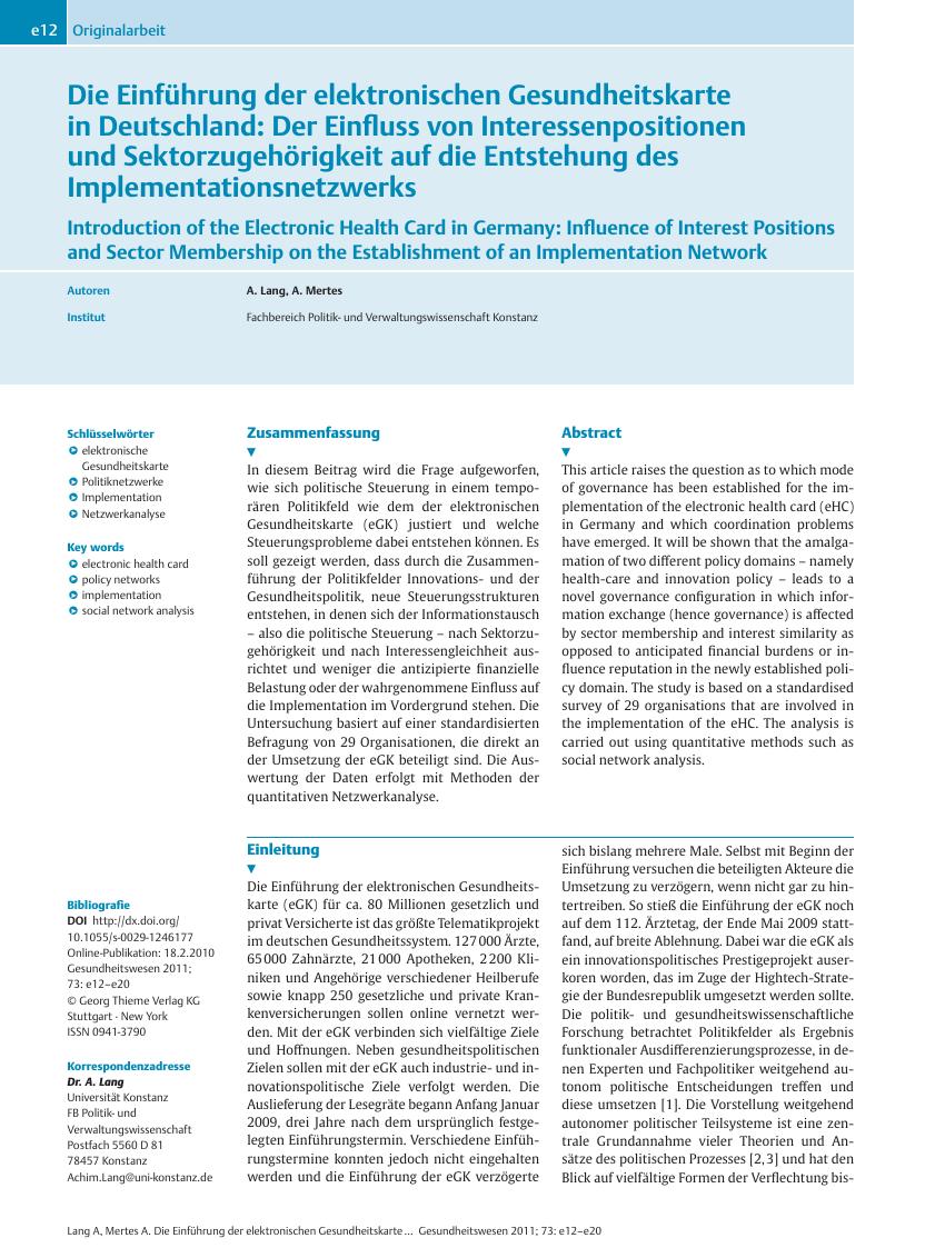 Vorschauseite 1: Die Einführung der elektronischen Gesundheitskarte in Deutschland: Der Einfluss von Interessenpositionen und Sektorzugehörigkeit auf die Entstehung des Implementationsnetzwerks