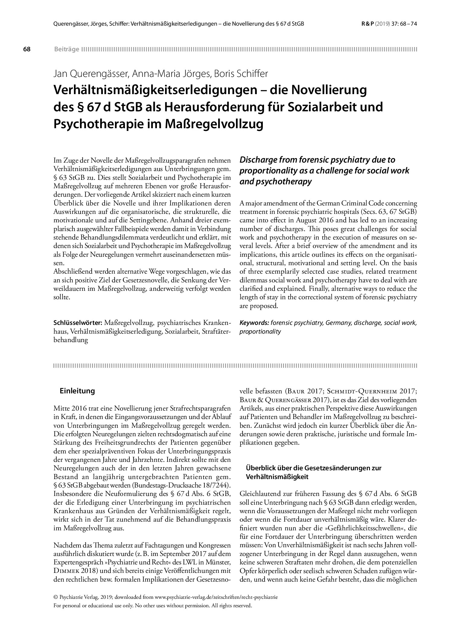 Vorschauseite 1: Verhältnismäßigkeitserledigungen – die Novellierung des § 67d StGB als Herausforderung für Sozialarbeit und Psychotherapie im Maßregelvollzug