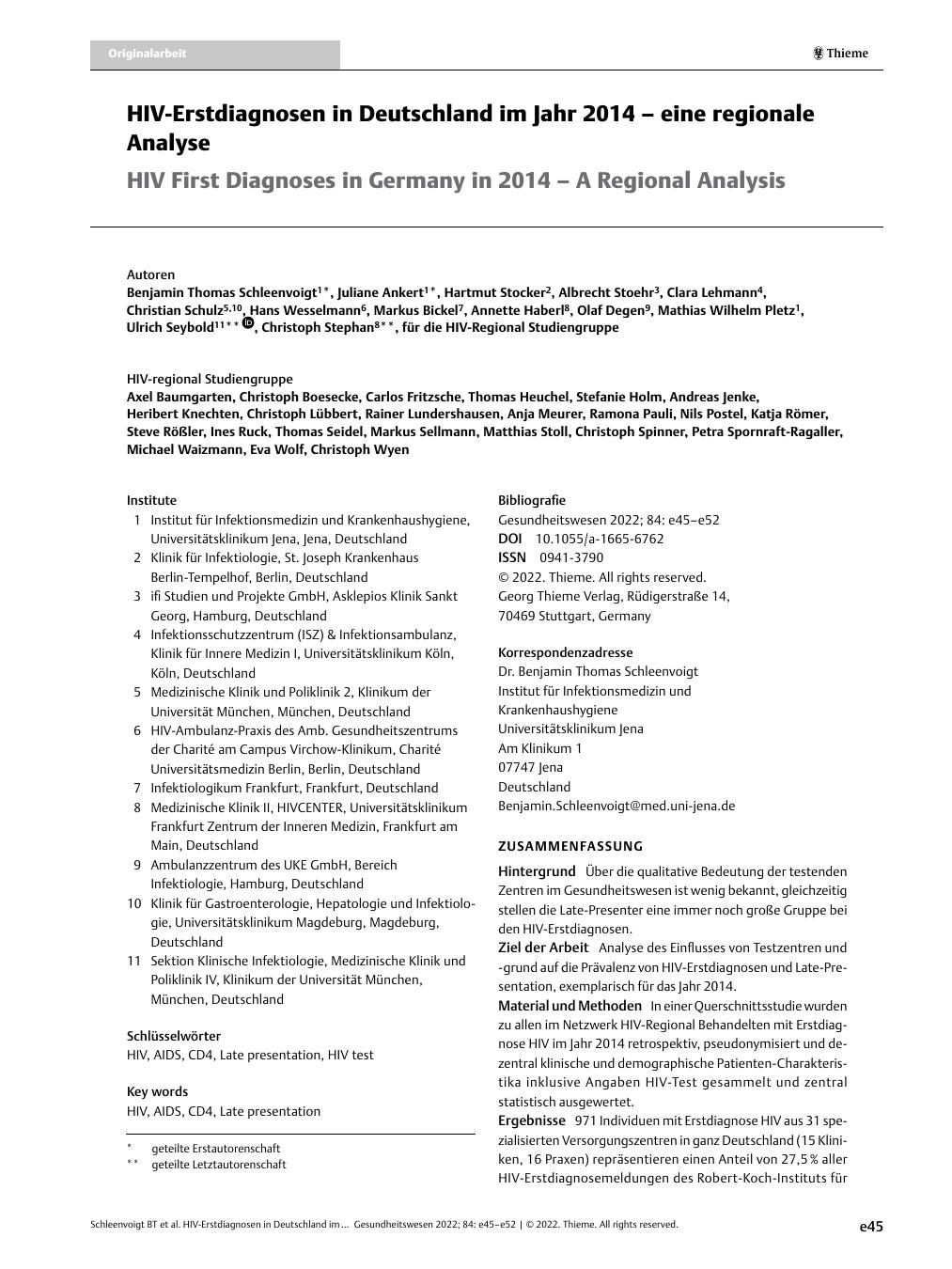 Vorschauseite 1: HIV-Erstdiagnosen in Deutschland im Jahr 2014 – eine regionale Analyse