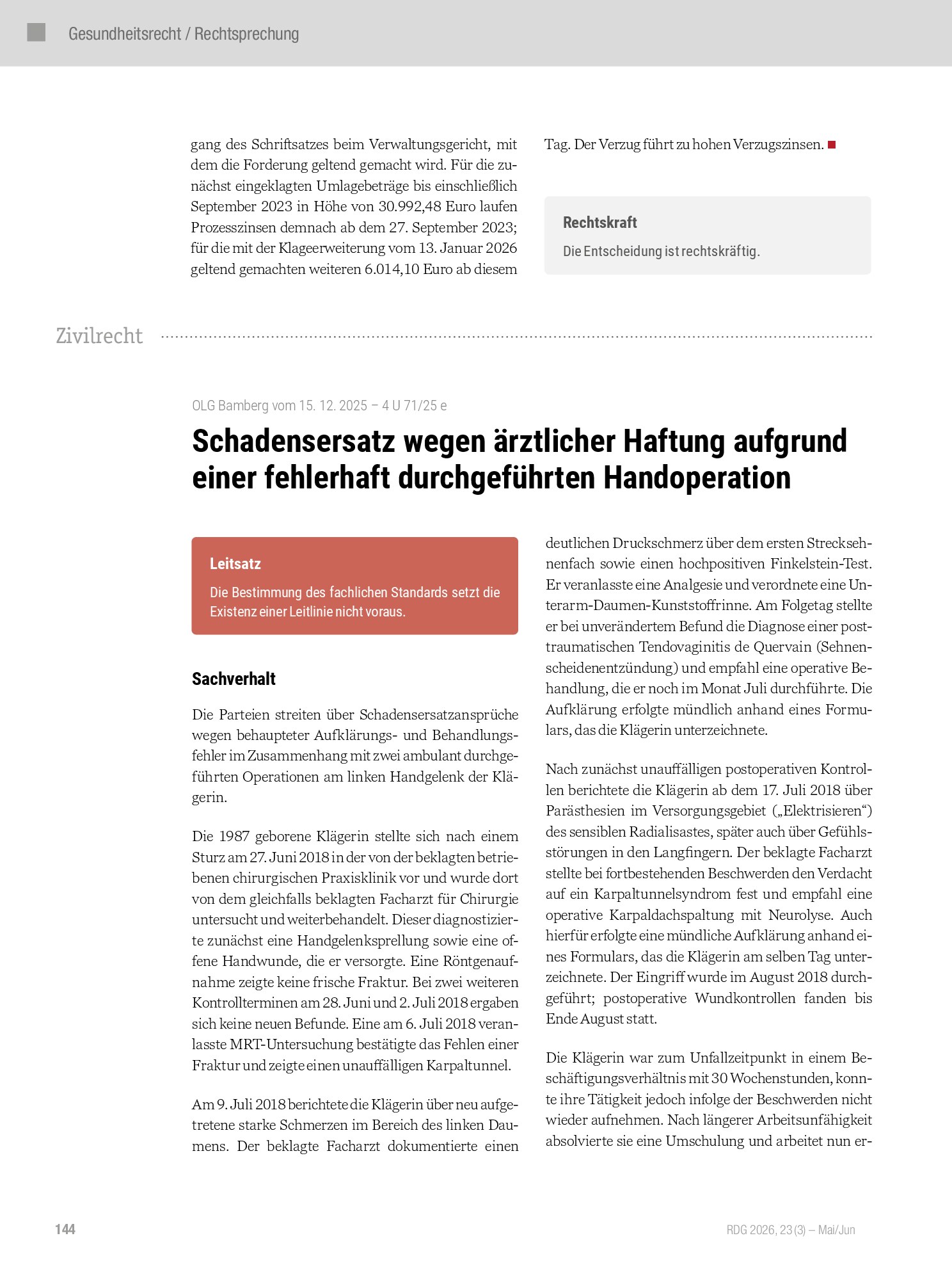 Vorschauseite 1: Schadensersatz wegen ärztlicher Haftung aufgrund einer fehlerhaft durchgeführten Handoperation
