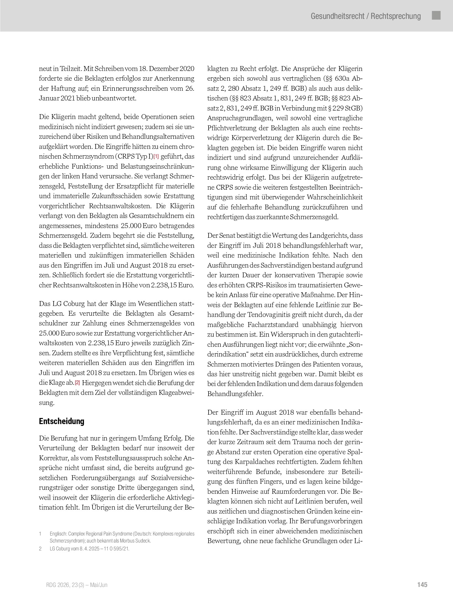 Vorschauseite 2: Schadensersatz wegen ärztlicher Haftung aufgrund einer fehlerhaft durchgeführten Handoperation