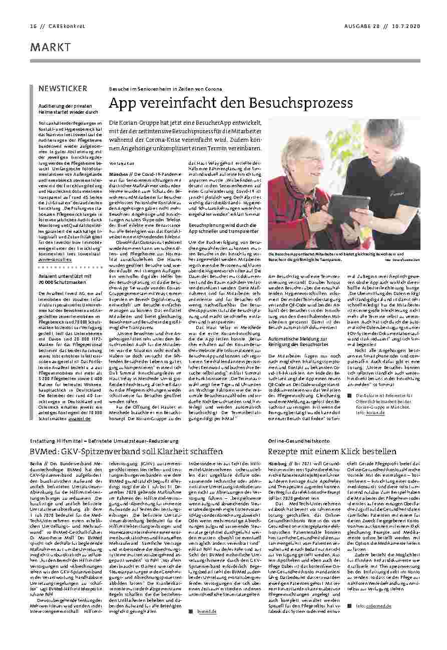 Vorschauseite 1: Besuche im Seniorenheim in Zeiten von Corona: App vereinfacht den Besuchsprozess