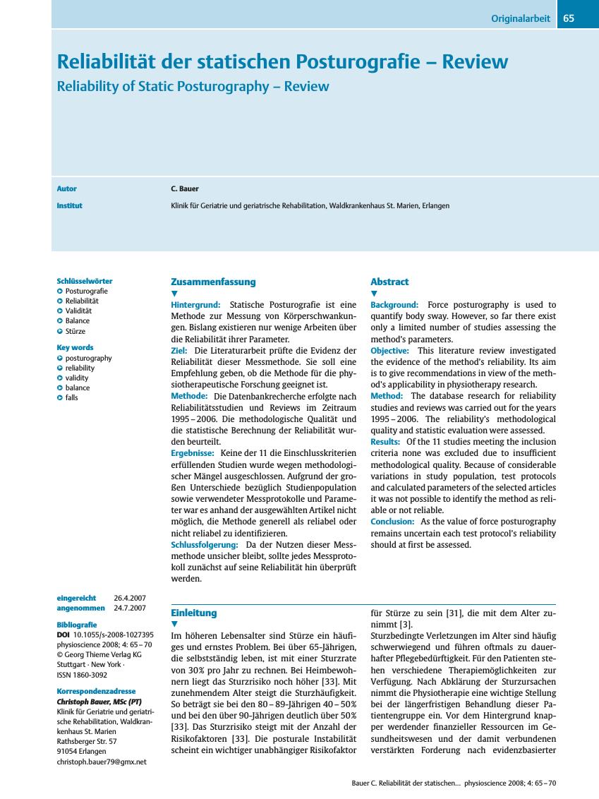 Vorschauseite 1: Reliabilität der statischen Posturografie - Review