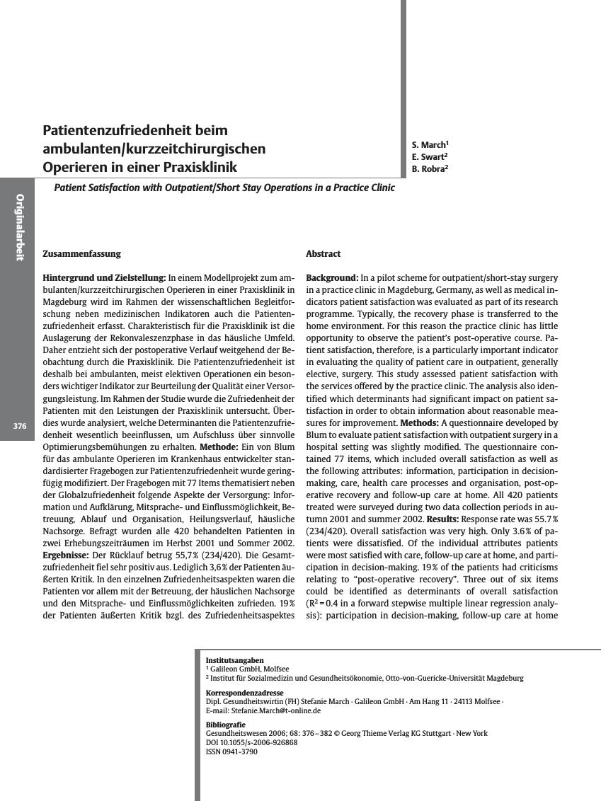 Vorschauseite 1: Patientenzufriedenheit beim ambulanten/kurzzeitchirurgischen Operieren in einer Praxisklinik