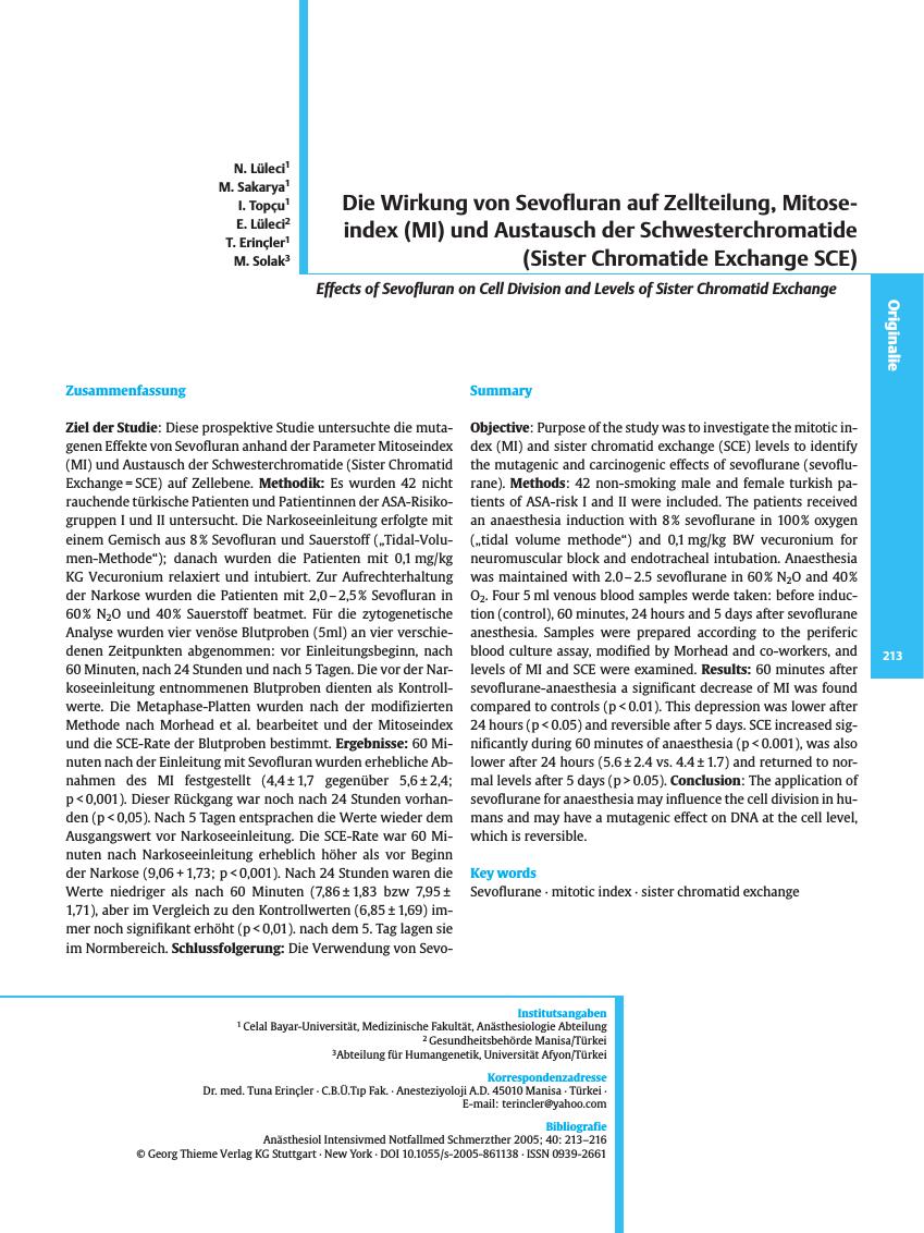 Vorschauseite 1: Die Wirkung von Sevofluran auf Zellteilung, Mitoseindex (MI) und Austausch der Schwesterchromatide (Sister Chromatide Exchange SCE)