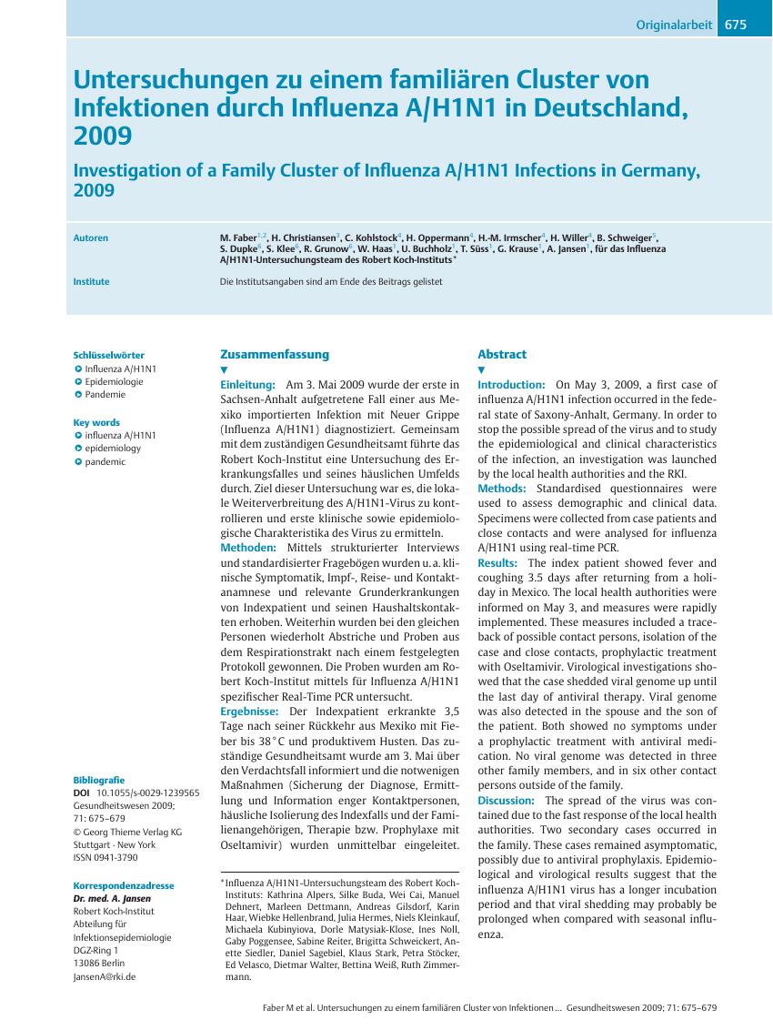 Vorschauseite 1: Untersuchungen zu einem familiären Cluster von Infektionen durch Influenza A/H1N1 in Deutschland, 2009