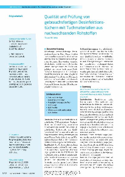 Vorschauseite 1: Qualität und Prüfung von gebrauchsfertigen Desinfektionstüchern mit Tuchmaterialien aus nachwachsenden Rohstoffen