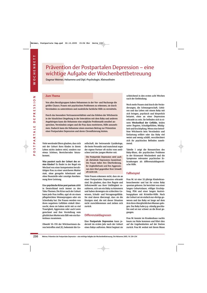 Vorschauseite 1: Prävention der Postpartalen Depression - eine wichtige Aufgabe der Wochenbettbetreuung