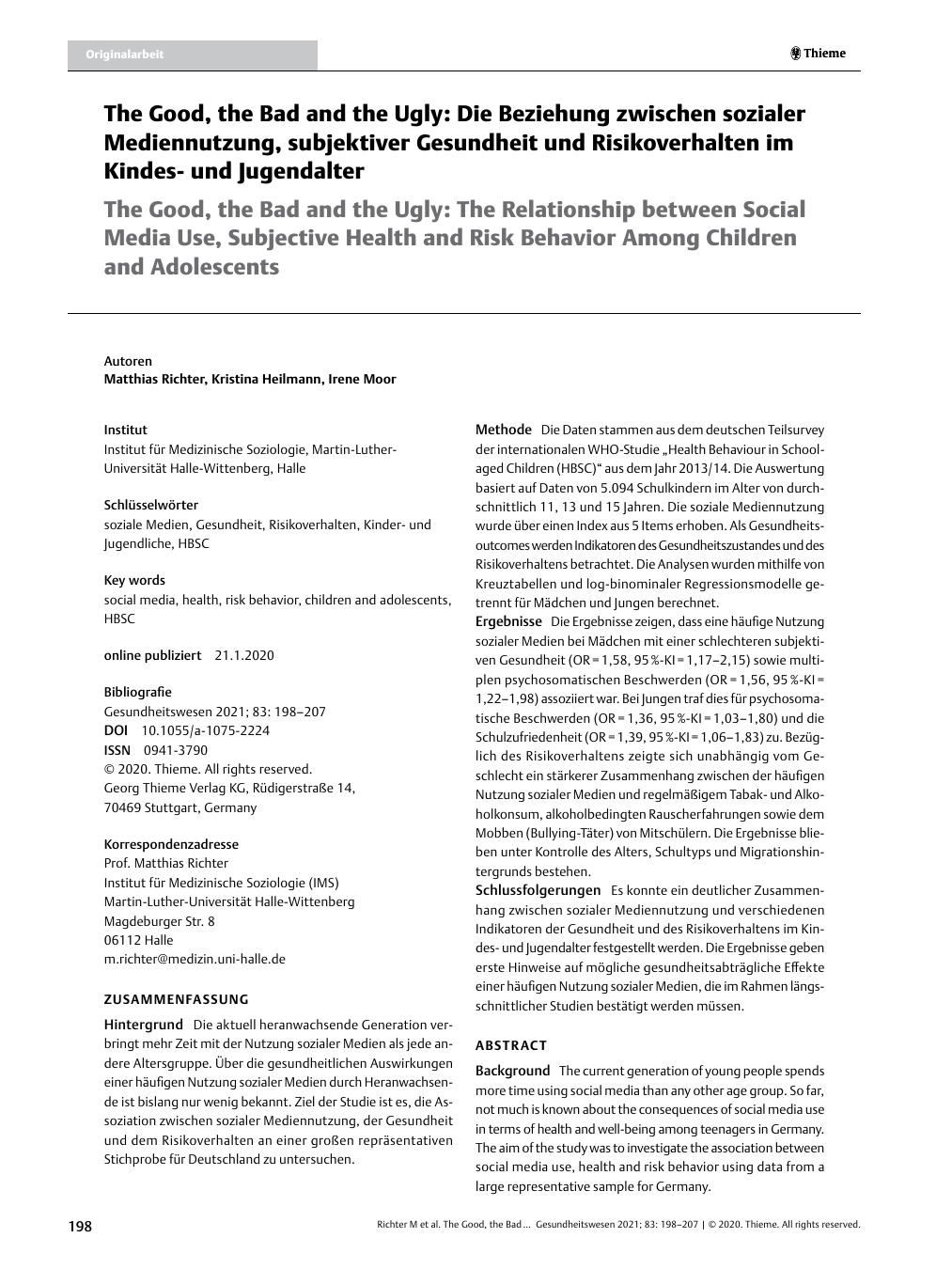 Vorschauseite 1: The Good, the Bad and the Ugly: Die Beziehung zwischen sozialer Mediennutzung, subjektiver Gesundheit und Risikoverhalten im Kindesund Jugendalter