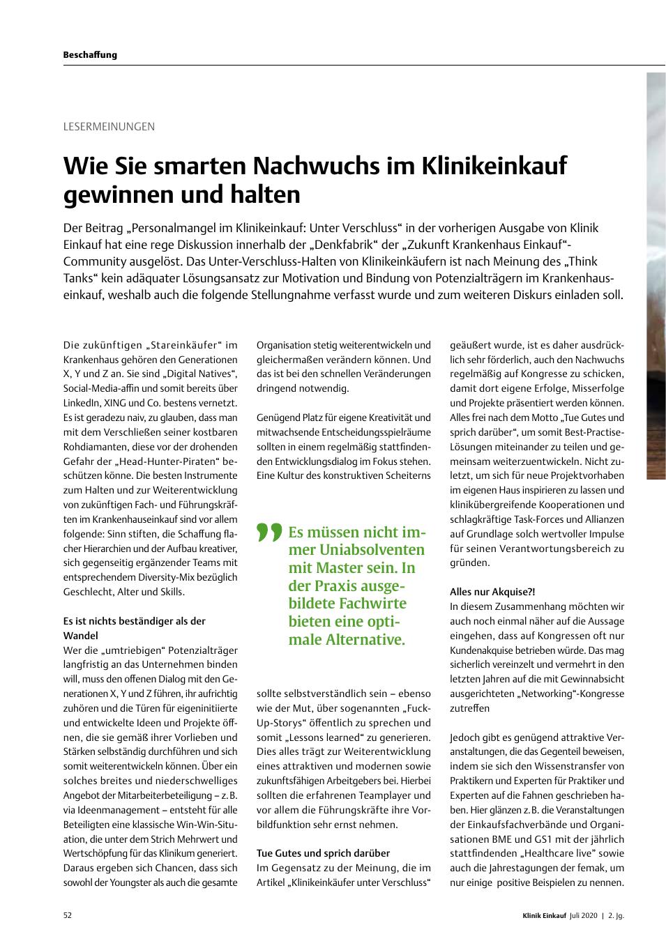 Vorschauseite 1: Lesermeinungen: Wie Sie smarten Nachwuchs im Klinikeinkauf gewinnen und halten