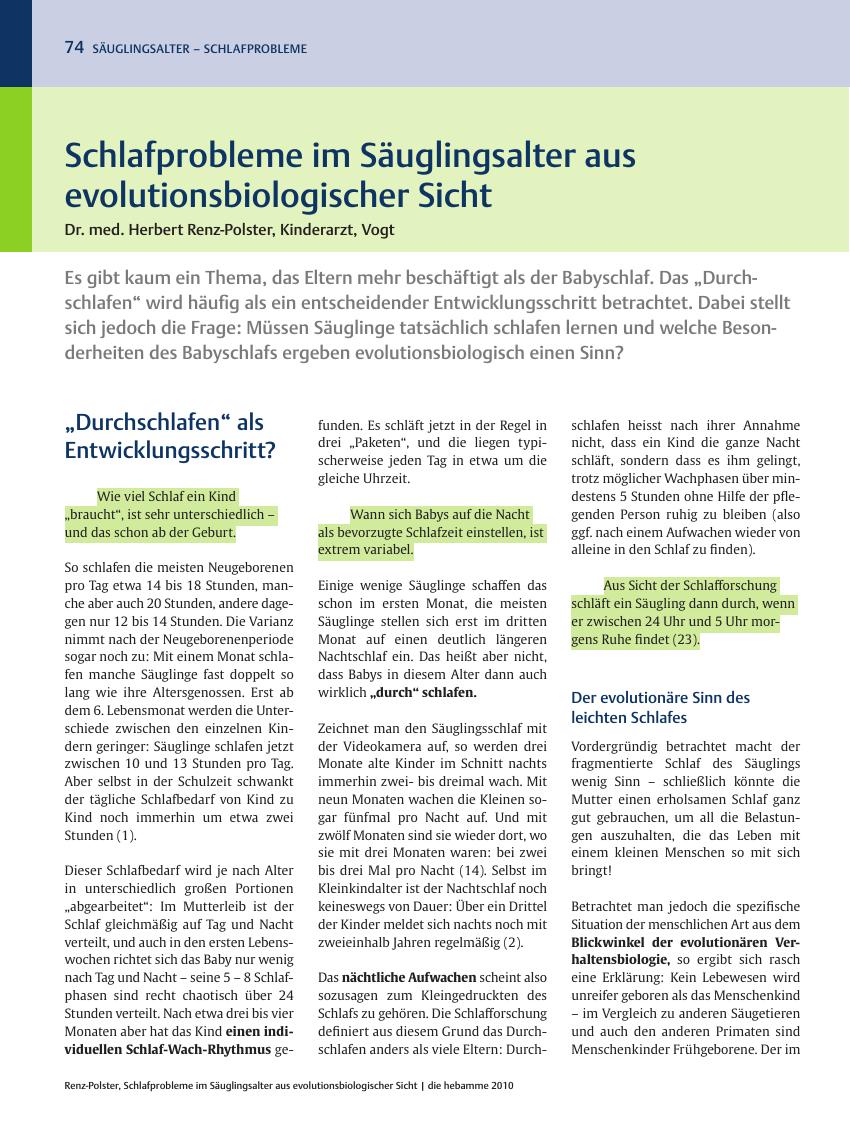 Vorschauseite 1: Schlafprobleme im Säuglingsalter aus evolutionsbiologischer Sicht